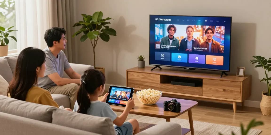 Família desfrutando de IPTV no conforto da sala de estar, com TV mostrando conteúdo vibrante.