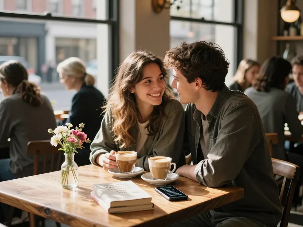 Young couple enjoying coffee while having a crush on each other in a cozy café.