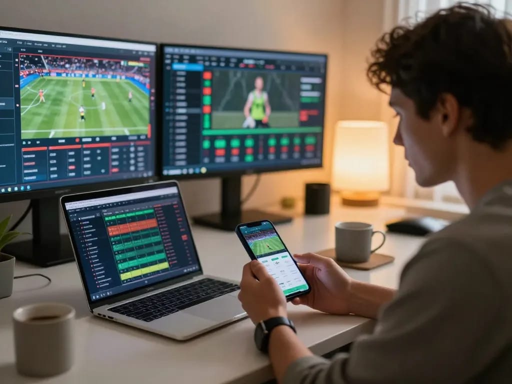 Engaging in online sports betting at https://tr88.bio/ with multiple screens showing live odds and events.