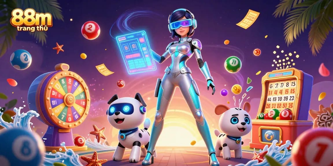 Play engaging games at 88m trang chủ, featuring dynamic casino-themed scenes with vibrant elements.