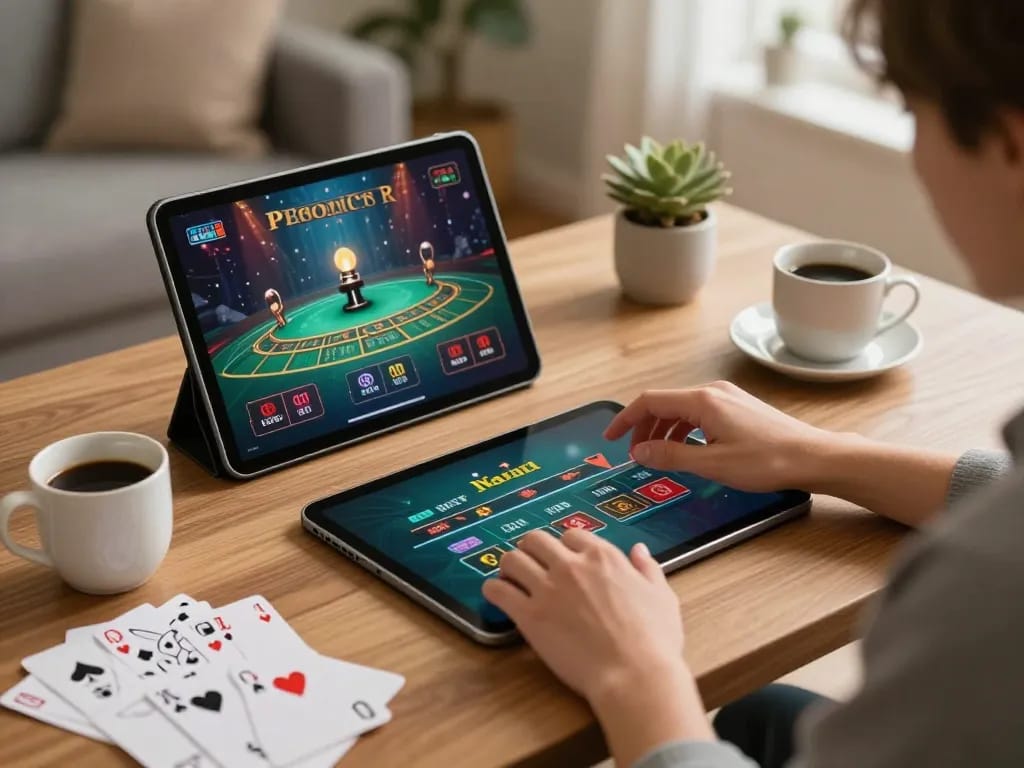 Engaging in online gambling on Jogoluck tablet with a cozy setup enhancing responsible gaming.
