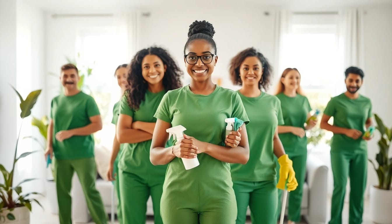 Eco friendly cleaning services team actively cleaning a bright home, showcasing green products.