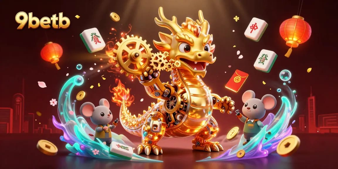 Discover 9betb's gaming excellence with a dragon, festive elements, and vibrant casino symbols.