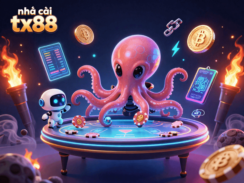 Engage in thrilling games at nhà cái tx88 with an alien octopus and crypto elements in a dynamic scene.