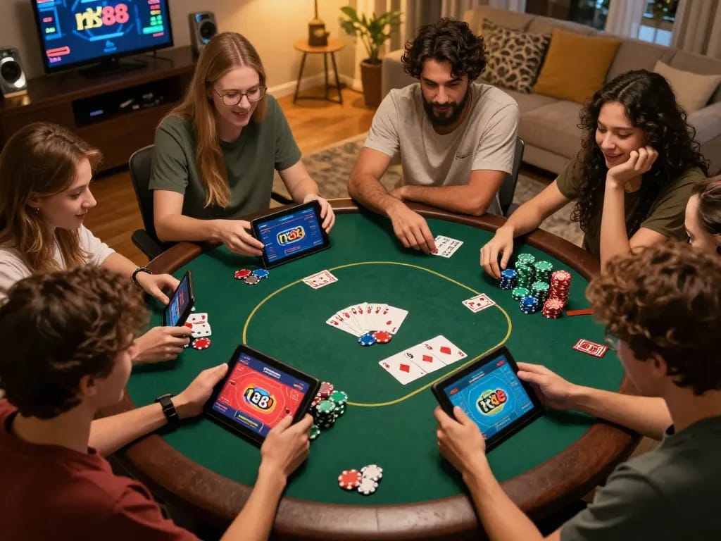 Friends playing poker together while enjoying the benefits of nk88 online gaming platform.