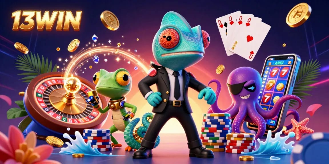 Experience thrilling action at 13WIN with a vibrant casino scene featuring a chameleon, gecko, and octopus among dynamic gaming elements.