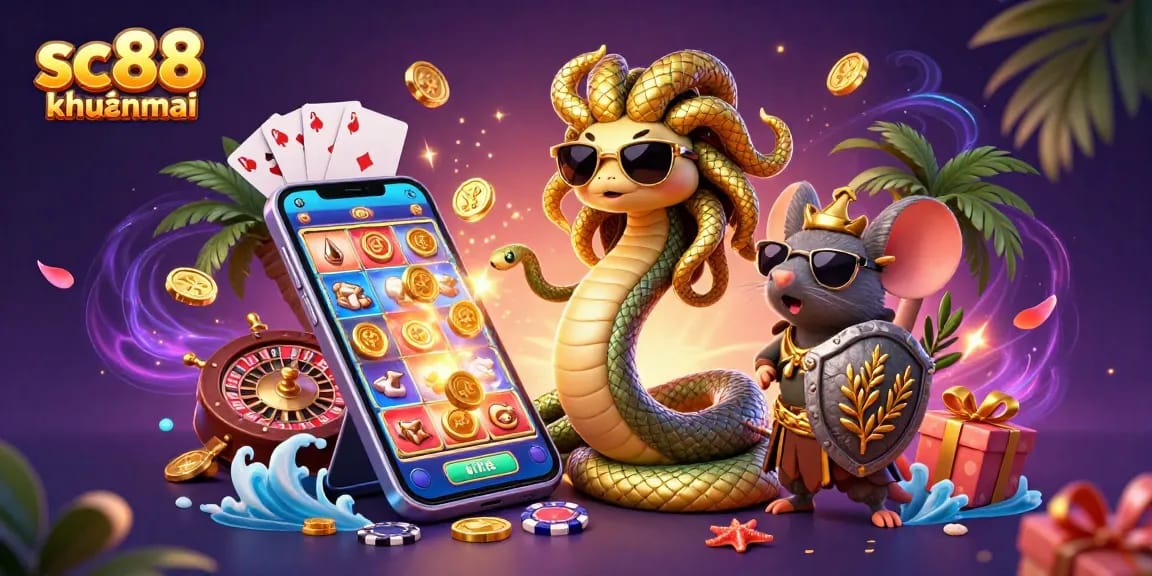 Win big with SC88 khuyenmai as Medusa and a warrior mouse navigate a colorful casino world.