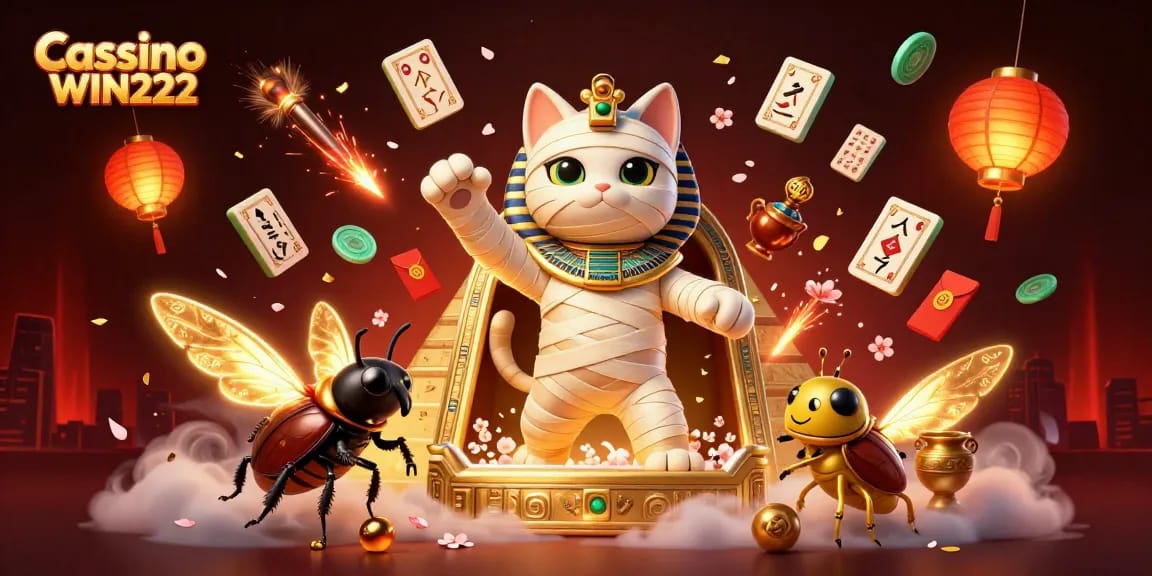 Experience the excitement of Cassino WIN222 with a thrilling 3D illustration of a mummy cat and casino elements.
