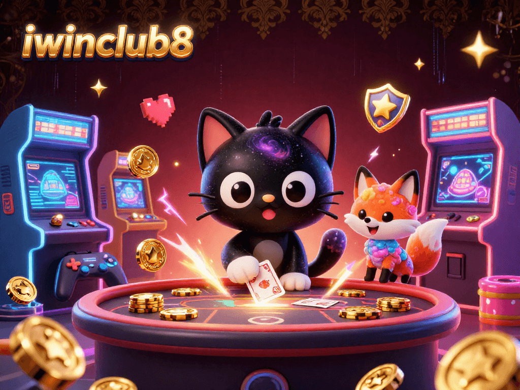 Engage at iwinclub8 in a vibrant cosmic casino with cartoon characters and arcade-style excitement.