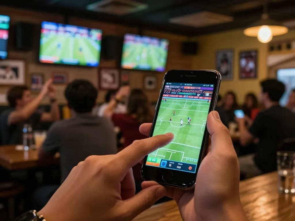 Engaging users with the AA888 mobile app for live sports betting, capturing excitement in a sports bar