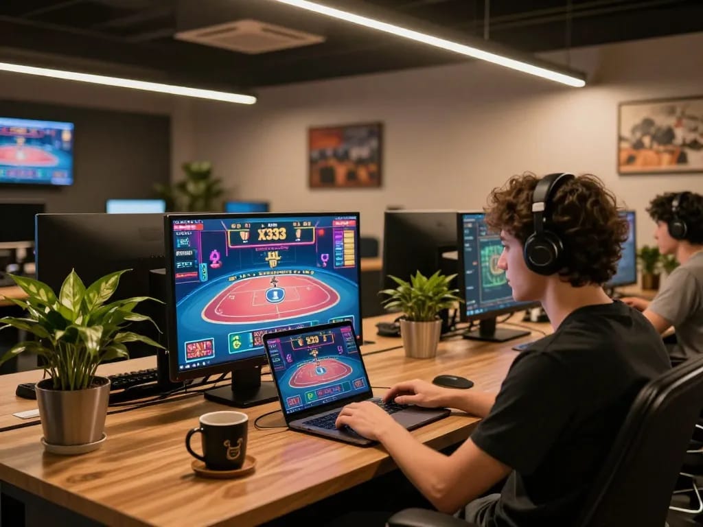 Engaging with x333 online gaming platform in a cozy home office setting, highlighting modern gaming experience
