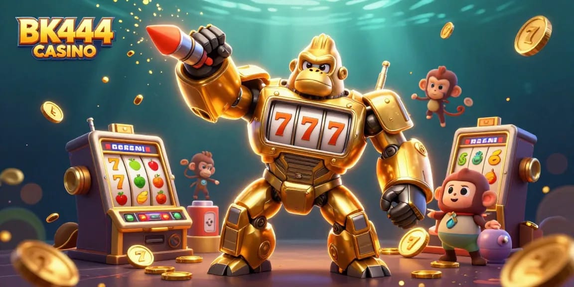 Experience excitement at BK444 CASINO with a whimsical golden gorilla mech and spinning slot reels.