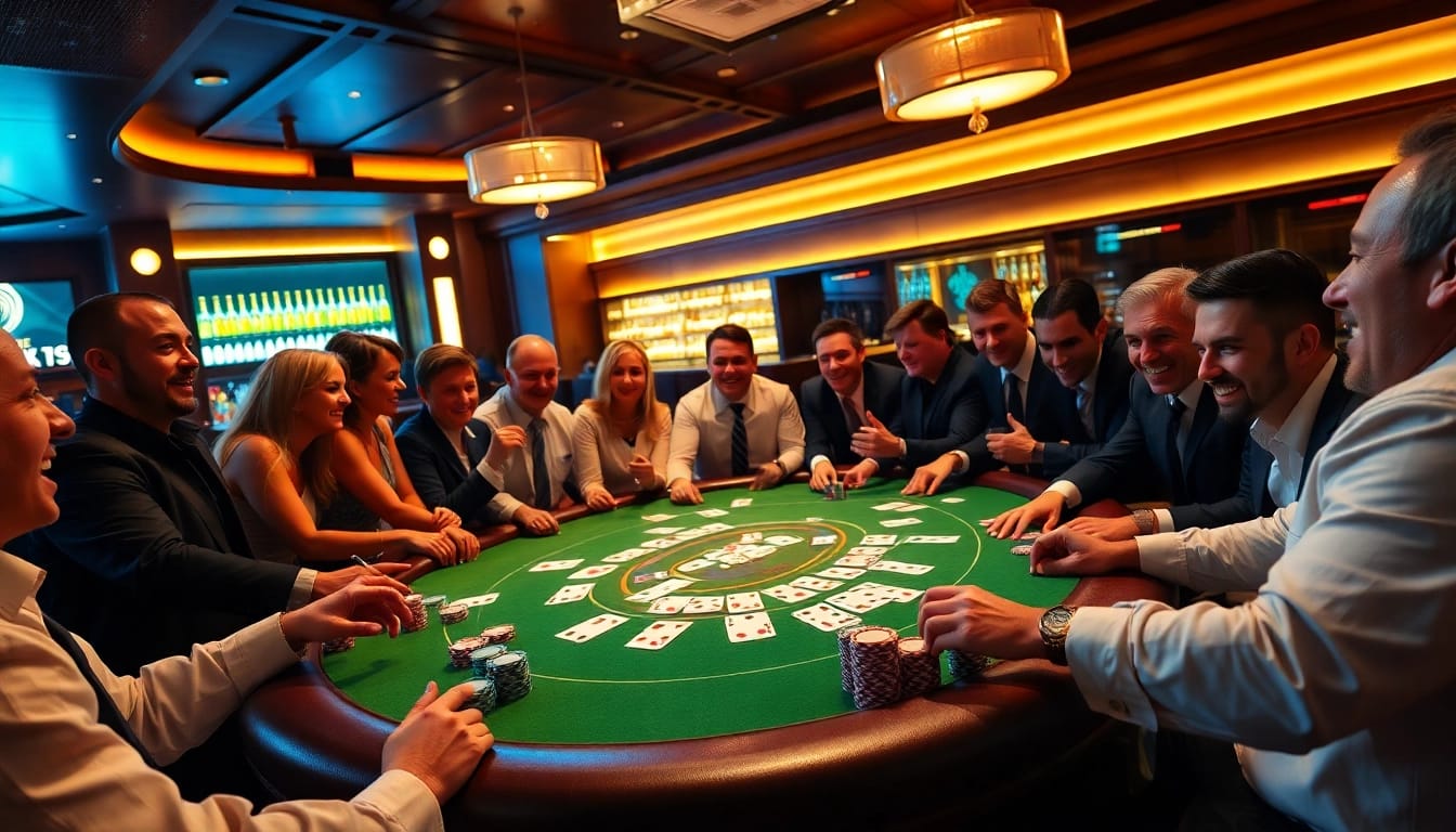 KQBD betting excitement illustrated with players at a luxury poker table, vibrant chips, and thrilling atmosphere.