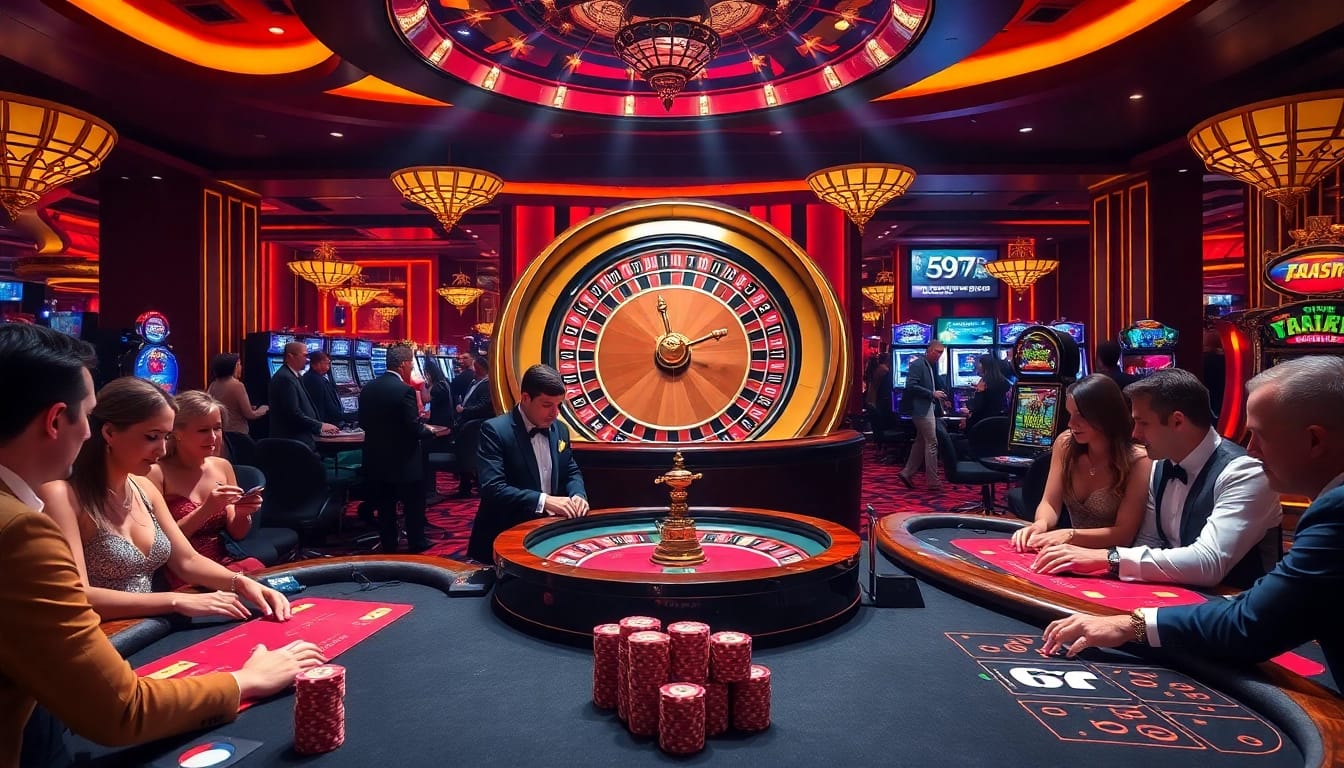 Sinta a emoção de apostar em um cassino luxuoso, com elementos vibrantes do 69T, roleta e mesas de pôquer.