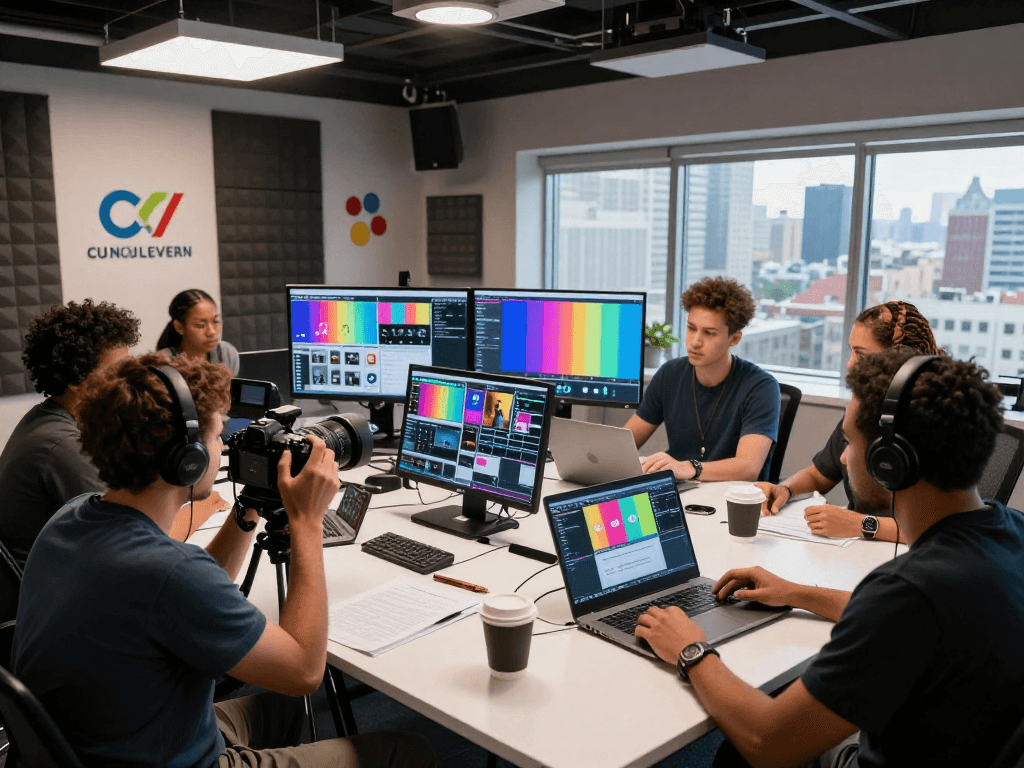 Equipe colaborando em um estúdio de transmissão multicanais, ajustando equipamentos e revisando conteúdos.
