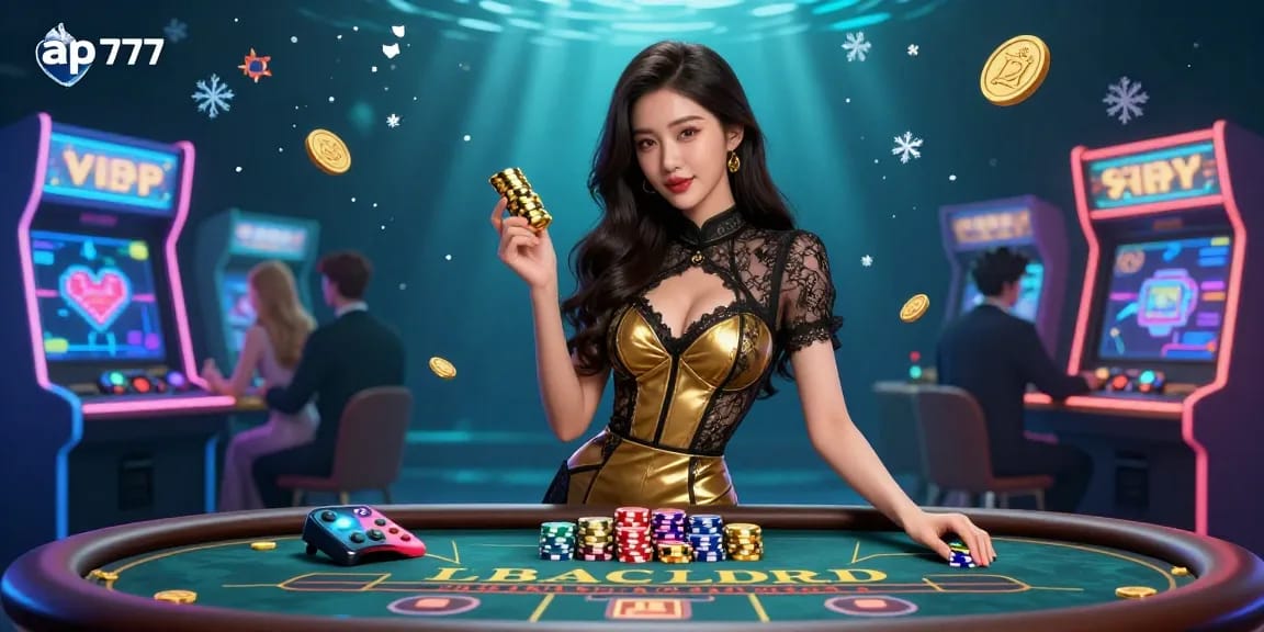 Engaje-se com a vibrante atmosfera do casino ap777, apresentando uma deslumbrante mulher asiática em uma mesa de bacará VIP.