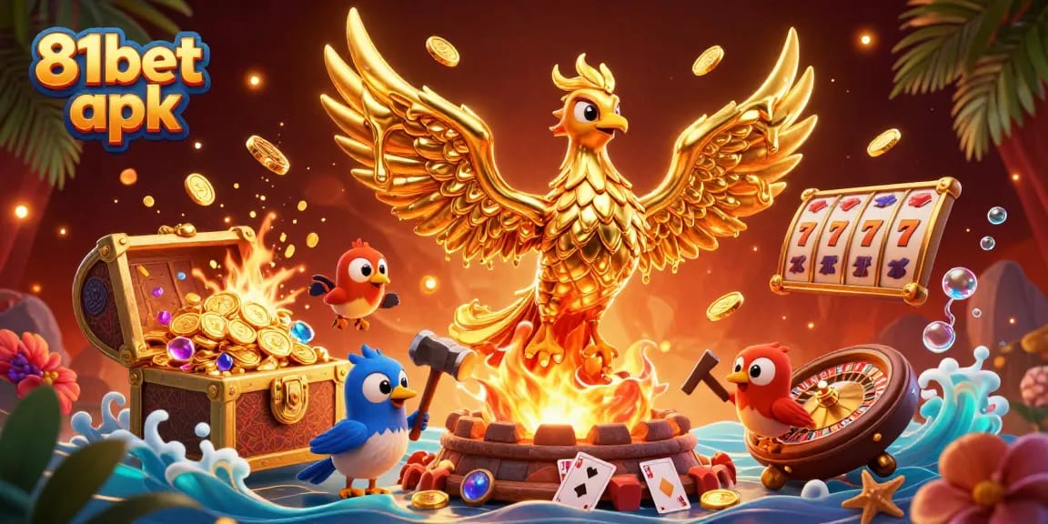 Play exciting games with 81bet apk, featuring golden phoenix and casino elements in a dynamic scene.