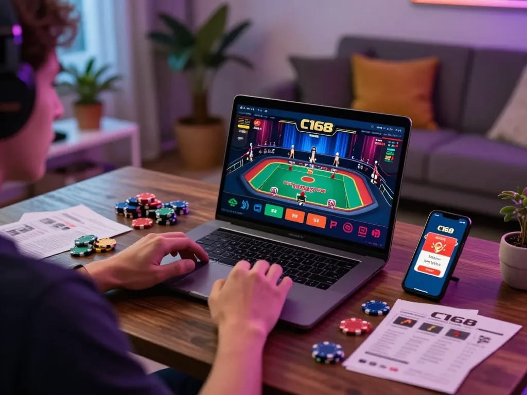 C168 player enjoying casino gaming on laptop with vibrant atmosphere and poker accessories