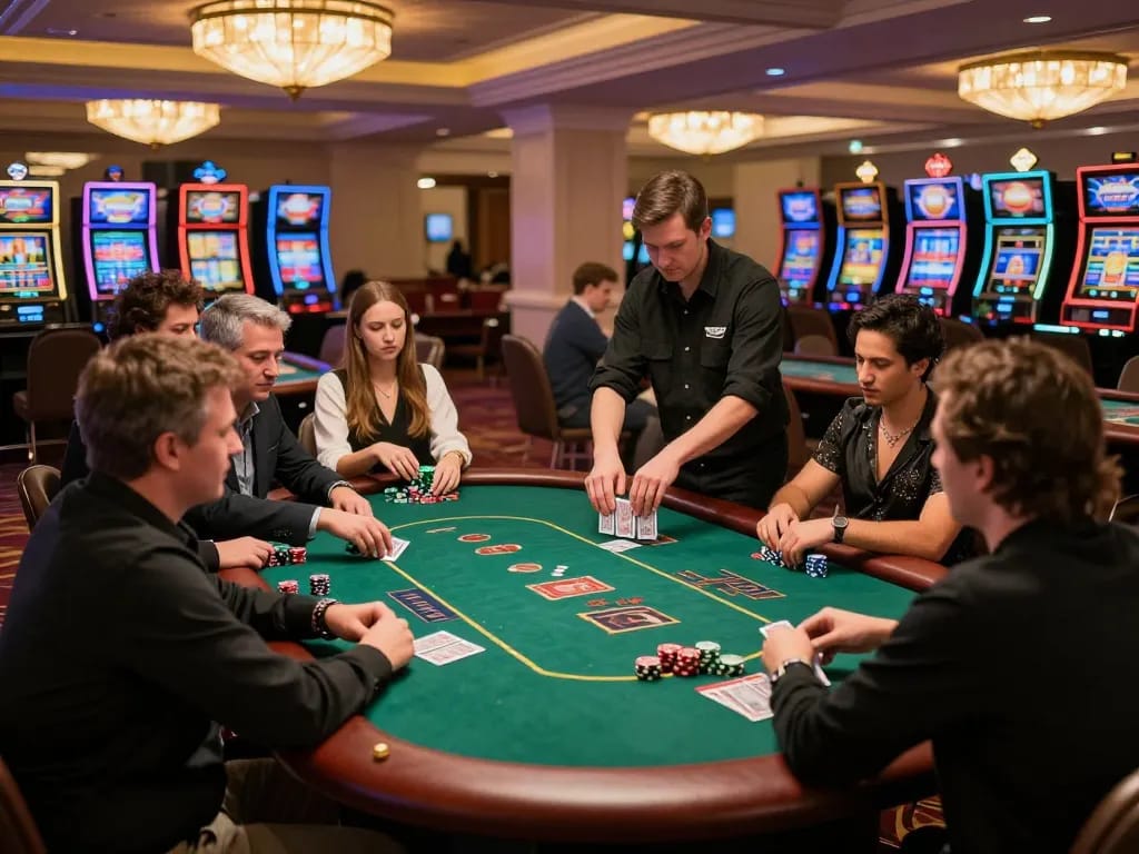Players enjoying a thrilling poker game at 33cc.info casino, vibrant casino floor atmosphere with engaged actions