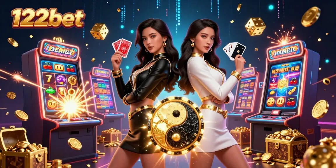 Experimente jogos emocionantes com 122bet, apresentando gêmeos segurando cartas em uma cena dinâmica de cassino.
