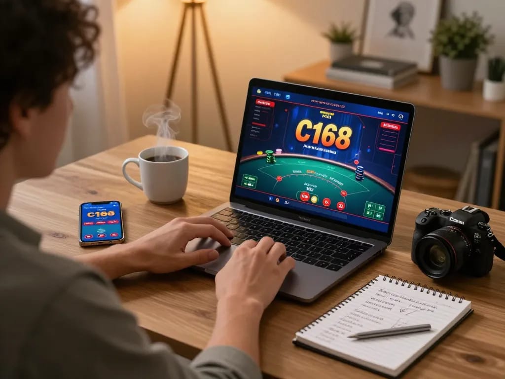 Engaging in poker gameplay on the C168 casino app from a modern home office setup