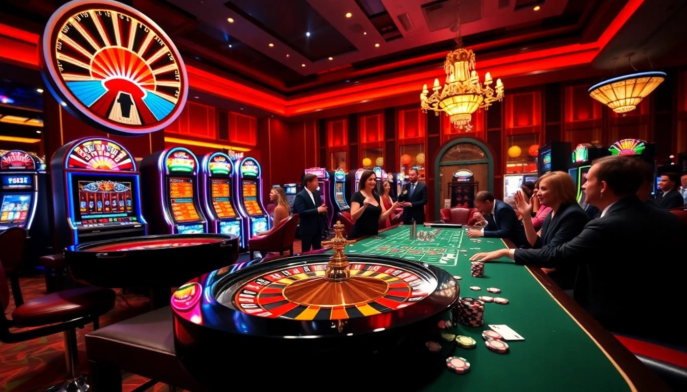 Experience the luxury of 69 VN casino gaming, showcasing vibrant slot machines and roulette wheels.