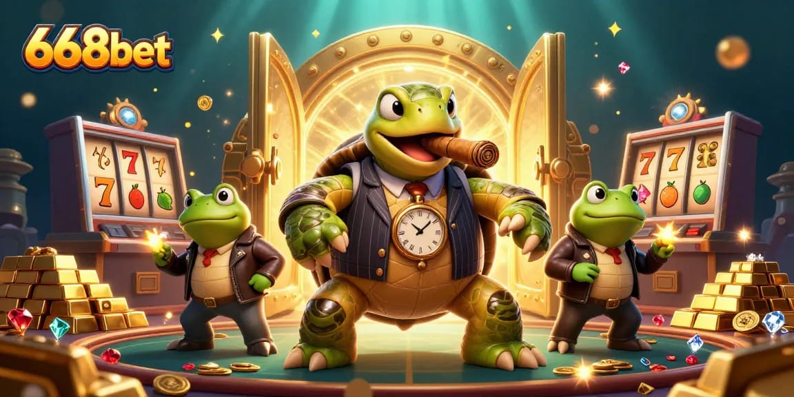 Engage with the vibrant world of 668bet, featuring slot machines, gems, and 3D cartoon characters.