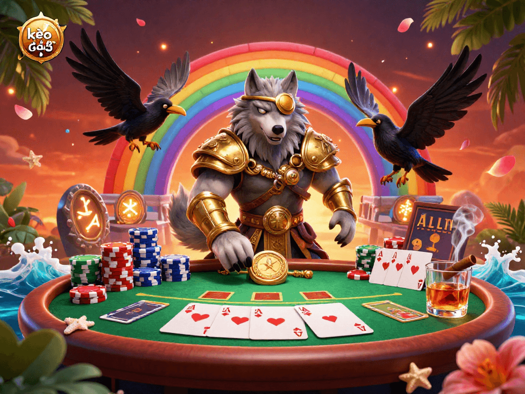 Engage with kèo nhà cái 5 through this epic casino scene showcasing poker elements and mythical characters.