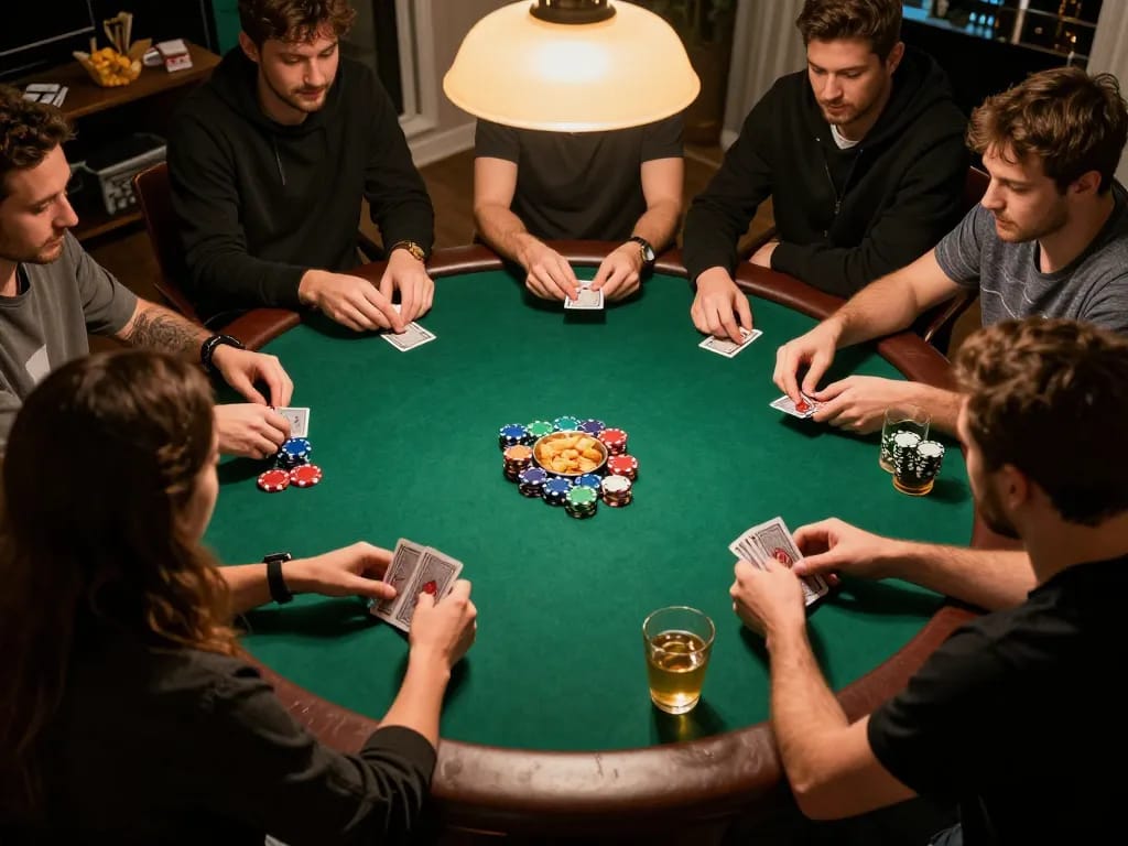 Engaged players enjoying a poker game at home, showcasing the excitement of 27G gaming