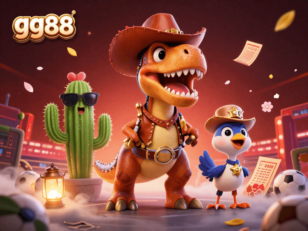 Experience thrilling sports betting with gg88 in a vibrant atmosphere featuring cartoon dinosaur characters.