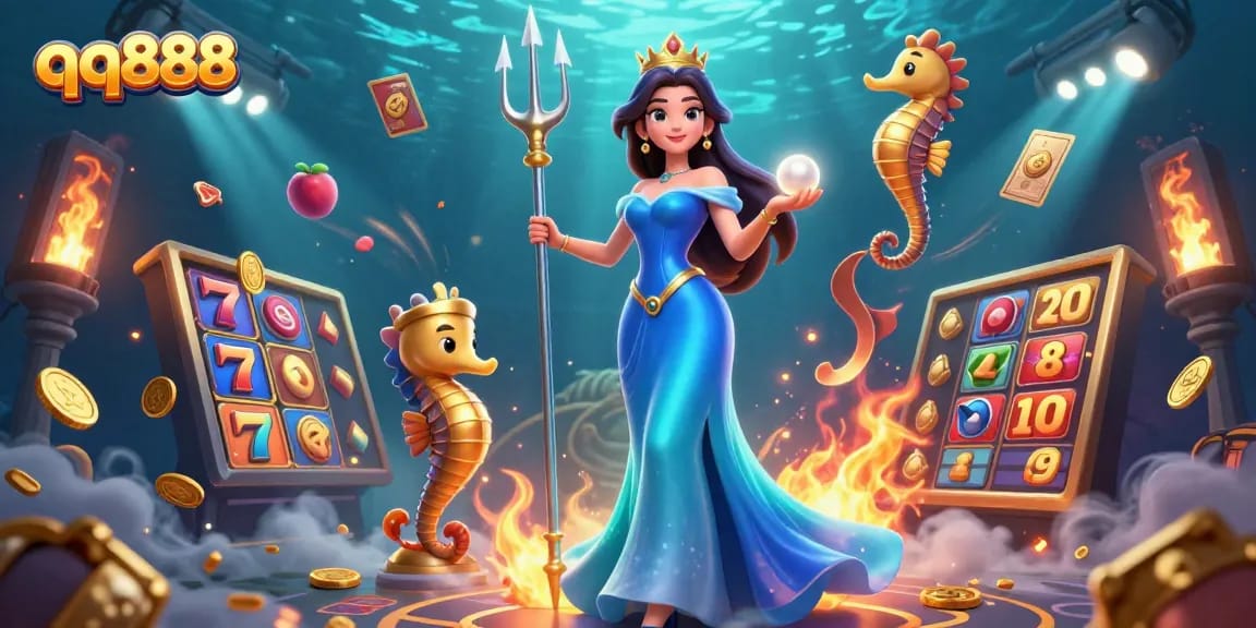Experimente caça-níqueis emocionantes e jackpots com qq888 em uma ilustração vibrante de cassino submarino.