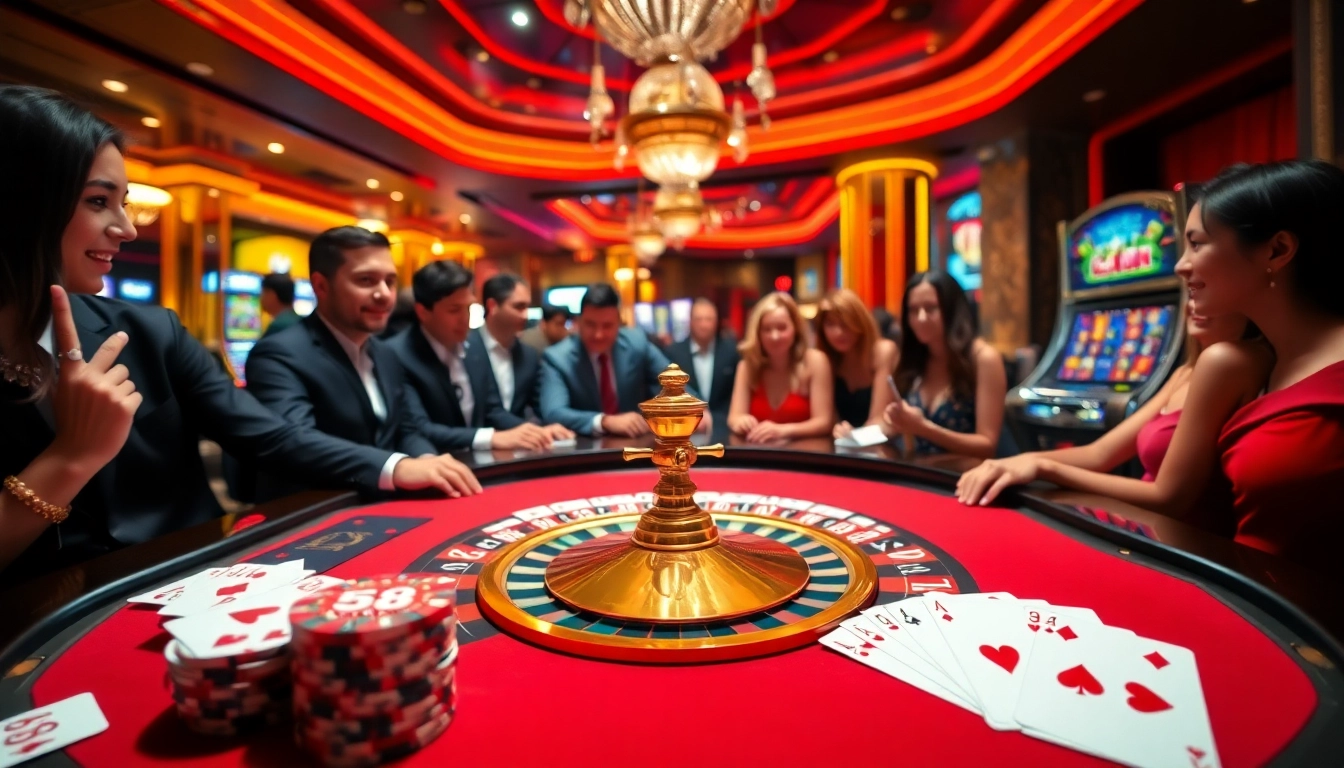 Experience the thrill of winning at 58 WIN with poker chips and engaging players at a luxurious casino.