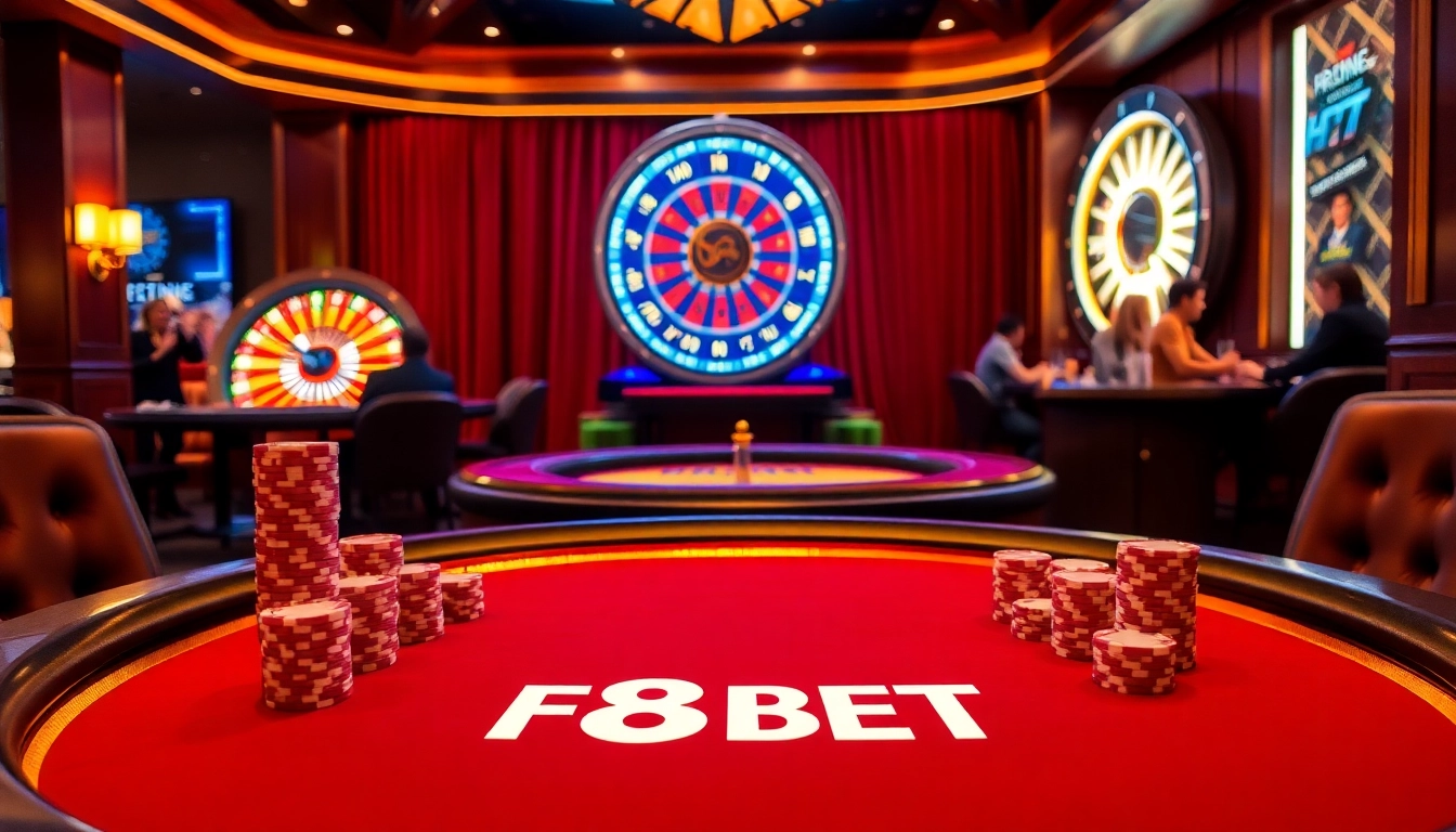 Experience the excitement of F8 BET with a vibrant casino scene featuring a luxury poker table.