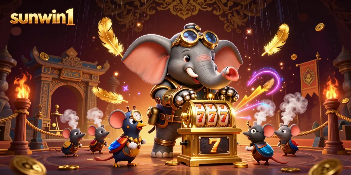 Experience fun with sunwin1 as a cartoon elephant spins the slot machine in a vibrant casino scene