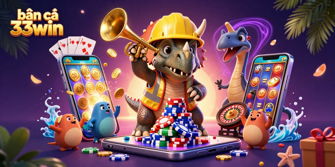 Engage with vibrant bắn cá 33win action featuring 3D triceratops and dynamic casino elements.
