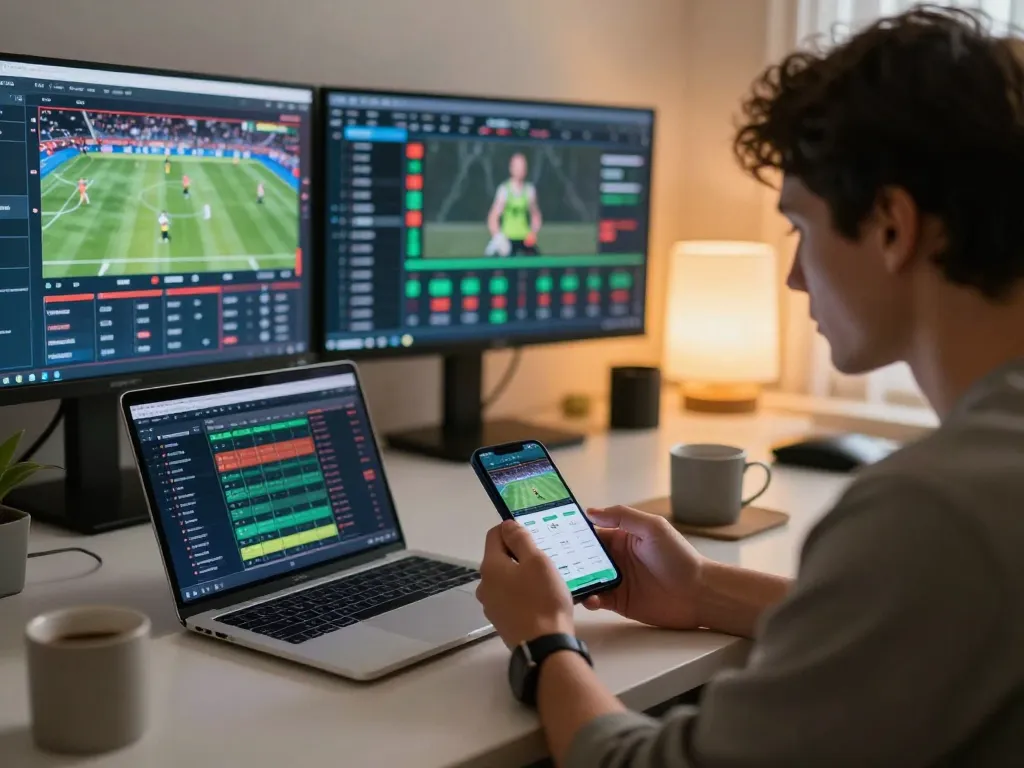 Engaging in online sports betting at https://tr88.bio/ with multiple screens showing live odds and events.
