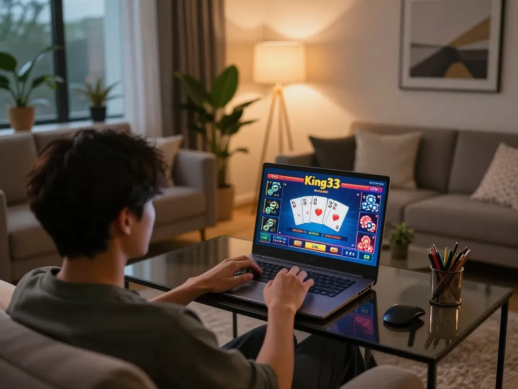 Player engaging in online casino games at king33 with vibrant interface, laptop on stylish table
