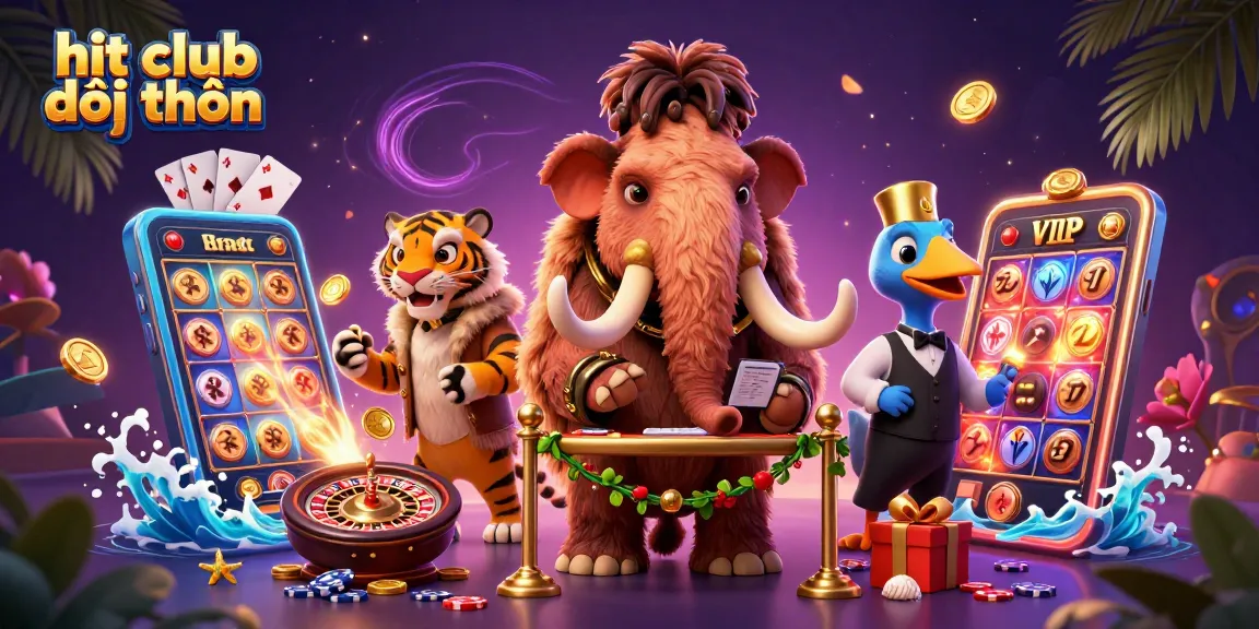 Join the excitement at hit club đổi thưởng with a vibrant casino scene featuring a mammoth bouncer and lively gaming elements.