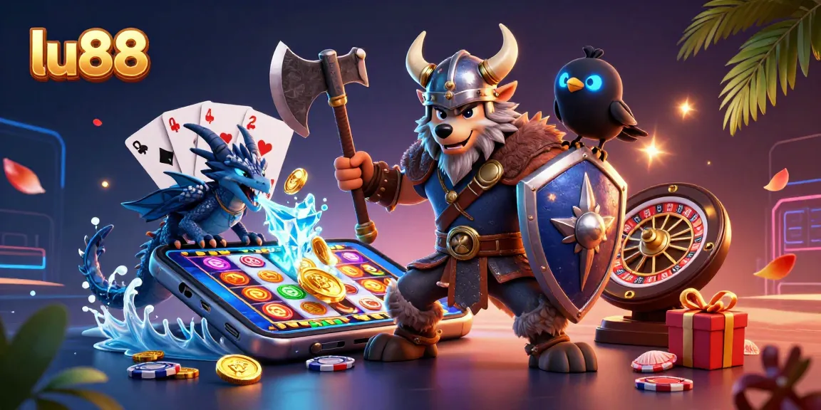 lu88 slots action featuring a Viking wolf warrior with a dragon, packed with casino elements.