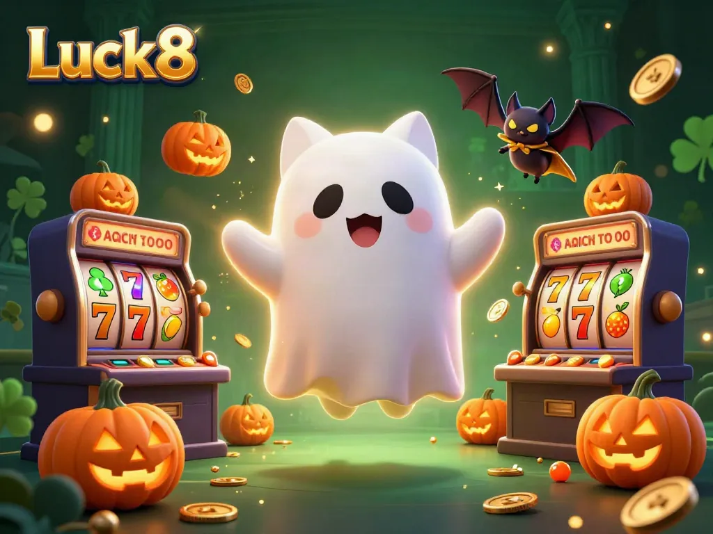 Experience the thrill of Luck8 with a ghost cat and vampire bat in a haunted casino scene, showcasing vibrant slots.