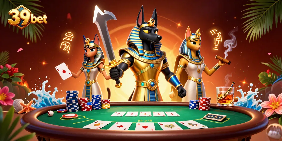 Engage in exciting gaming with 39bet featuring Anubis and Bastet in a vibrant casino scene.