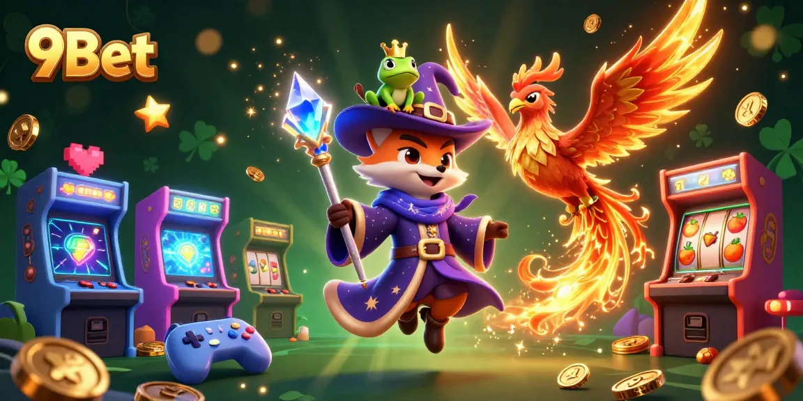 Experience the magic of 9Bet with a whimsical scene featuring a wizard fox, phoenix, and vibrant casino elements.