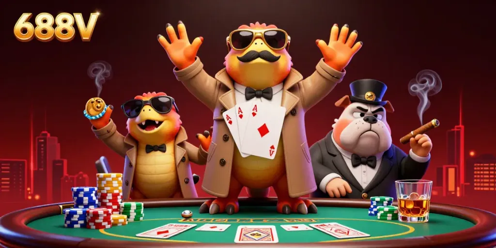 Bet big with 688V at the poker table, featuring raptors in disguise and vibrant gaming elements.