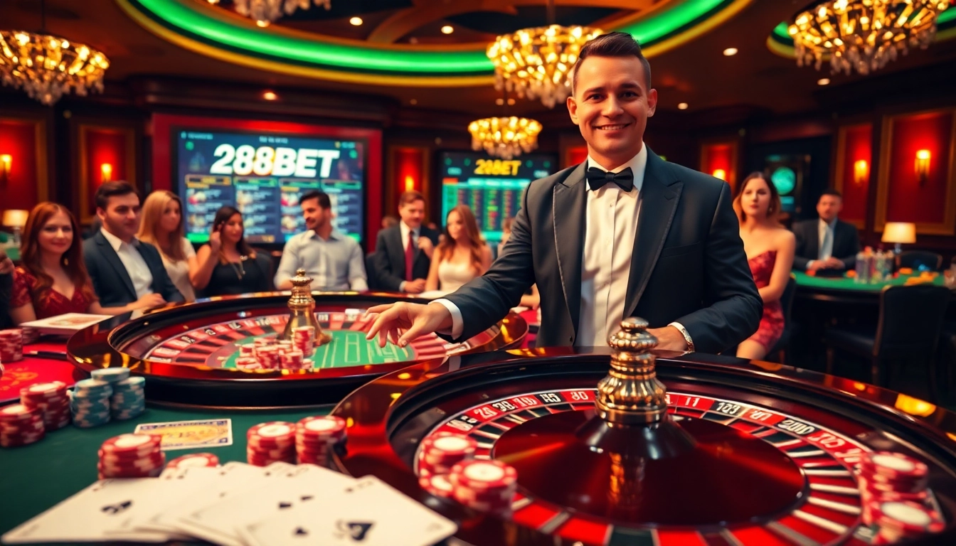 Action-packed casino scene highlighting players engaging at the vibrant 28BET roulette table with betting slips.