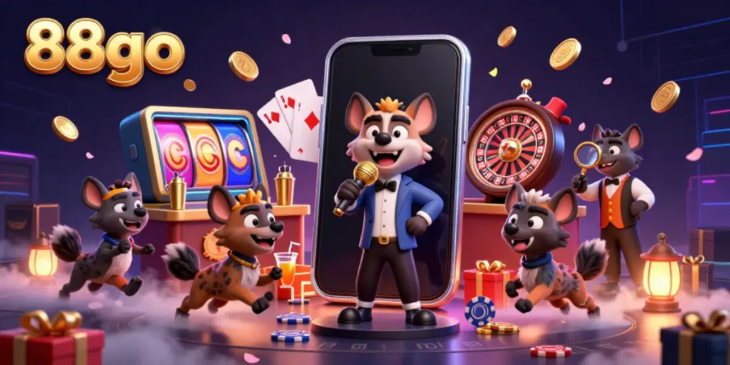 Engaging illustration of 88go casino showcasing hyenas in a club scene mixing drinks and telling jokes.
