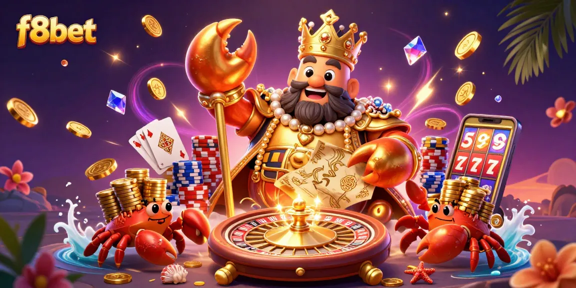 Experience thrilling games at f8bet with golden crabs and cascading coins in a vibrant casino scene.