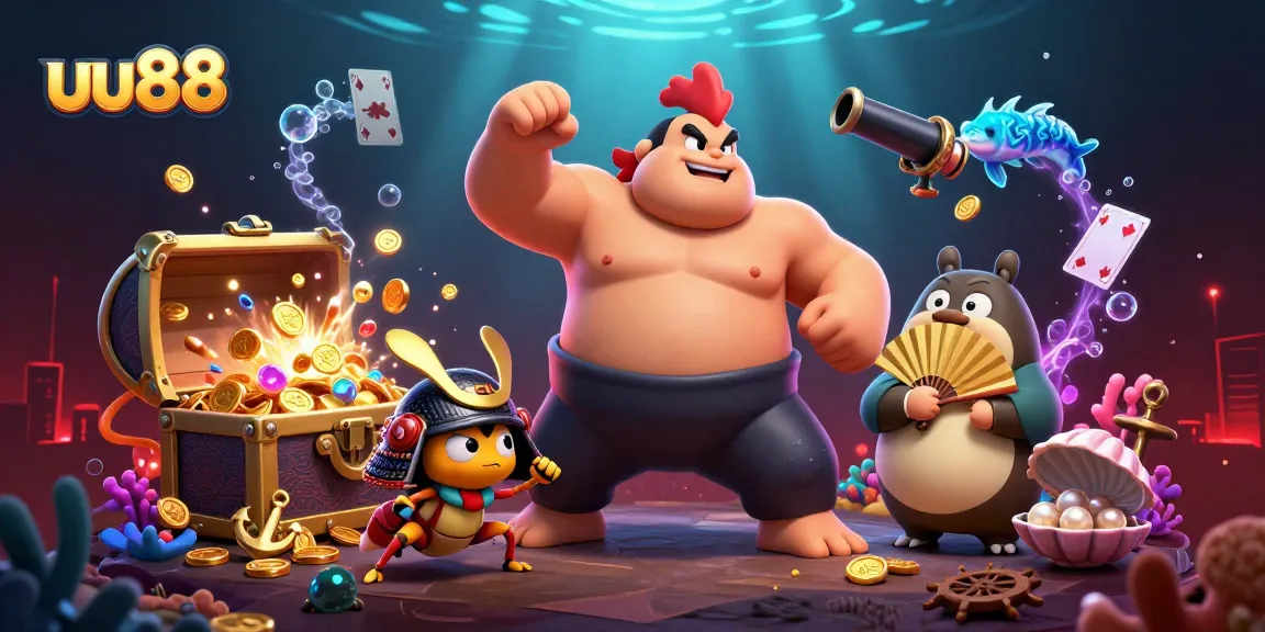 uu88 features a dynamic scene with a powerful sumo wrestler, fierce samurai cricket, and tanuki announcer amidst casino treasures.