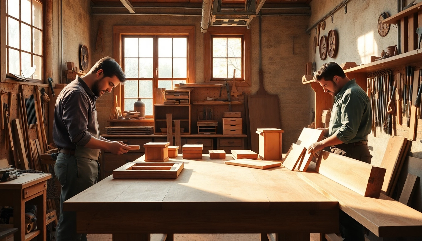 Cabinet makers diligently crafting wood furniture in a bright workshop