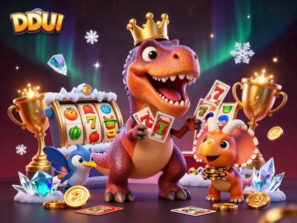Engage in thrilling DDUU casino action with a friendly T-Rex in a crown shuffling cards amid sparkling chips.