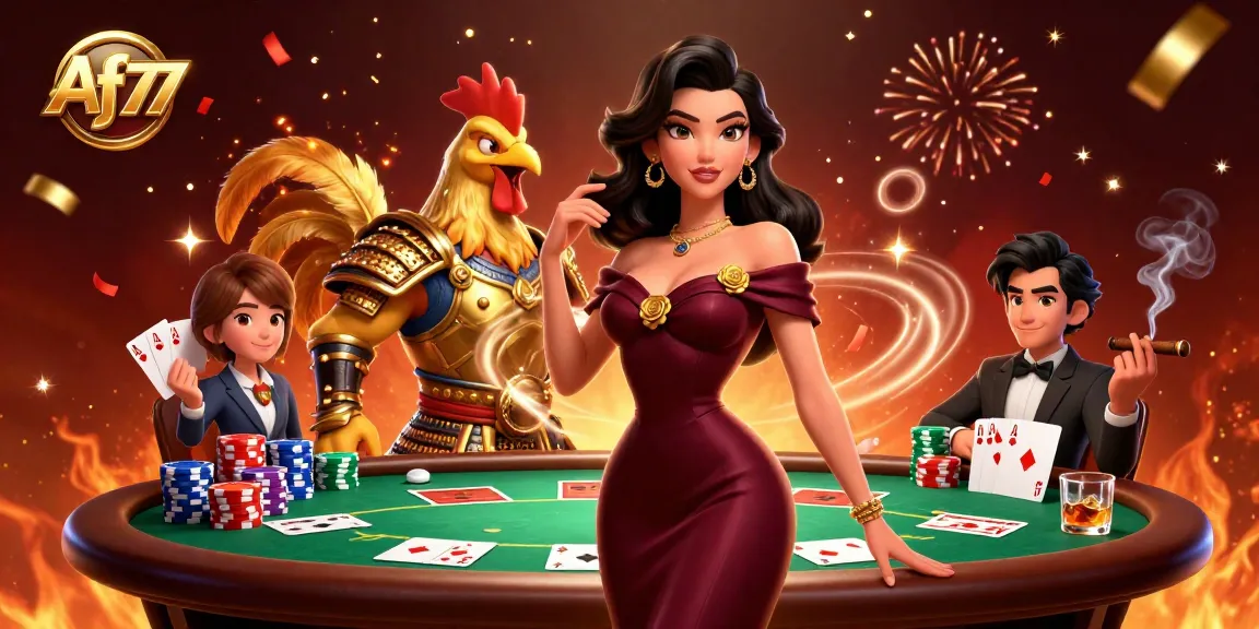 A dazzling portrayal of Af77 featuring a glamorous woman and a golden rooster warrior in a vibrant casino scene.
